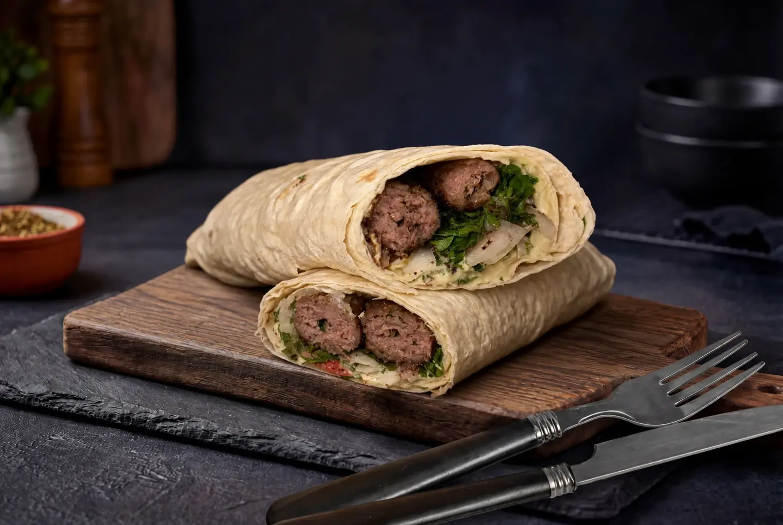 Beef kabab wrap cut in half on a wooden board, showing kabab, herbs and onion