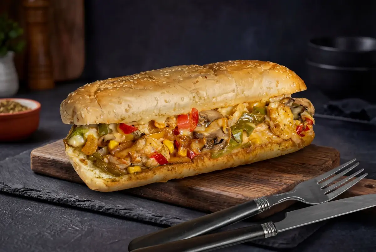 The chicken fajita sandwich with peppers, onions and melted mozzarella
