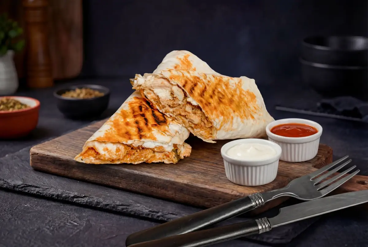 Grilled chicken shawarma saj wrap, cut in half, with garlic and hot sauce