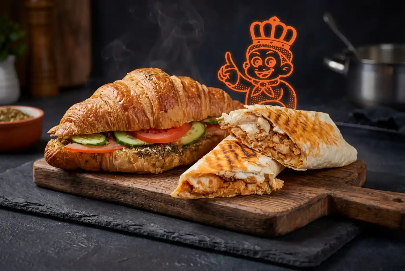 A chicken shawarma saj wrap and a za'taar croissant on a dark wooden board