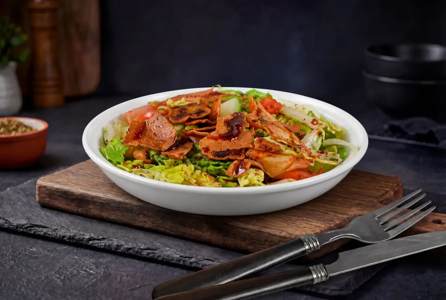 Fattoush salad with lettuce, tomato, cucumber, crispy bread and pomegranate dressing