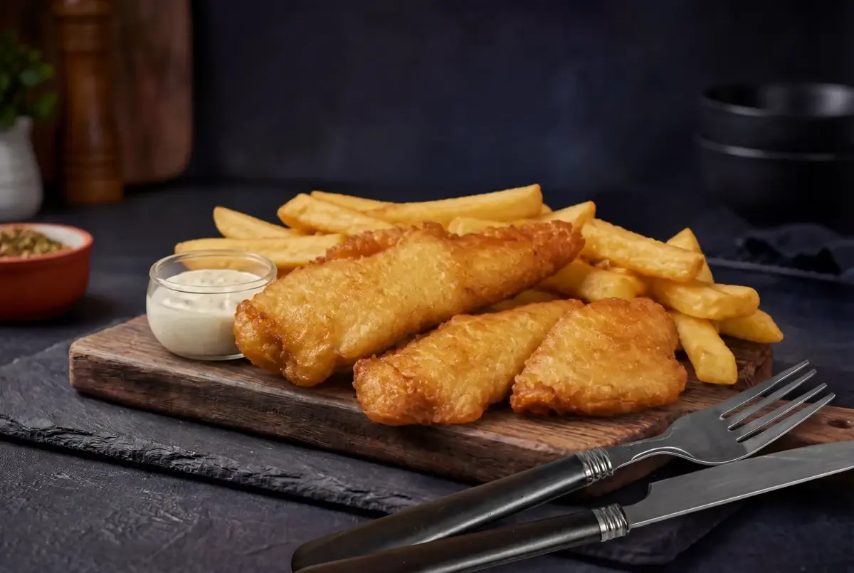 Battered haddock fillets with thick-cut chips and a pot of tartar sauce on a wooden board