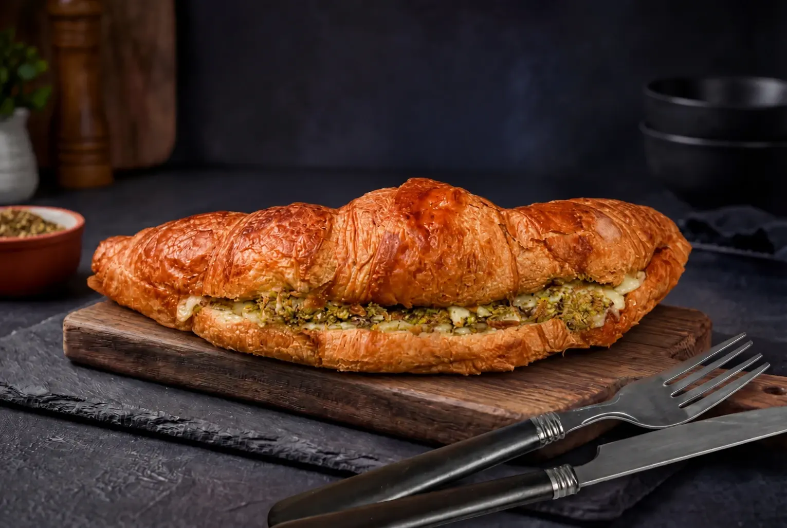Croissant filled with melted cheese, honey and crushed pistachio