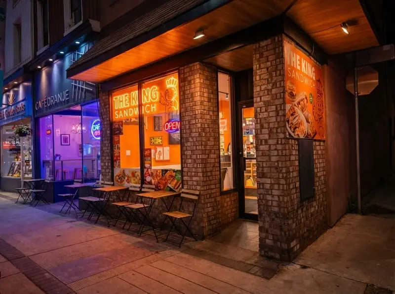 The King Sandwich storefront on King Street East at night, lit in orange neon