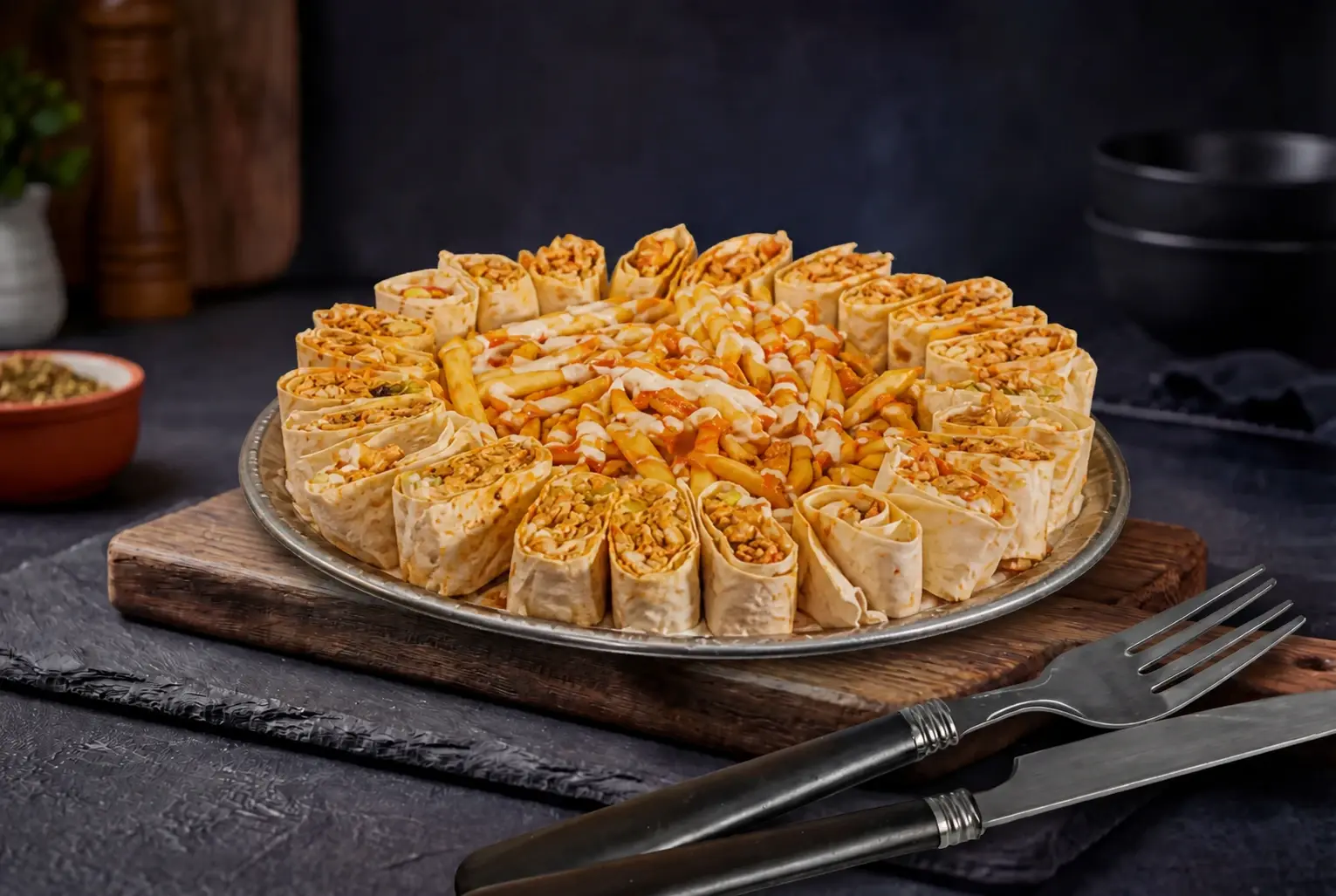 Shawarma family plate: rolled shawarmas circling a mountain of sauced fries