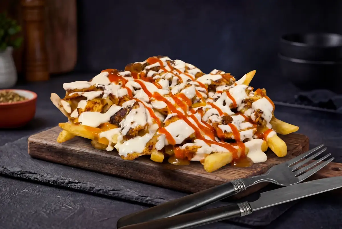 Fries topped with shawarma, gravy, cheese curds, garlic and hot sauce