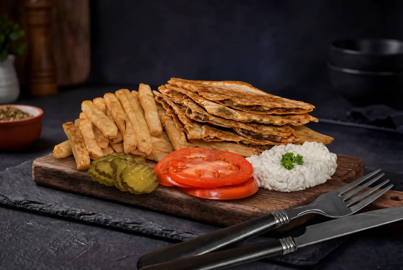 Toshka meal: stacked cheese-and-beef flatbread with fries, pickles, tomato and garlic sauce