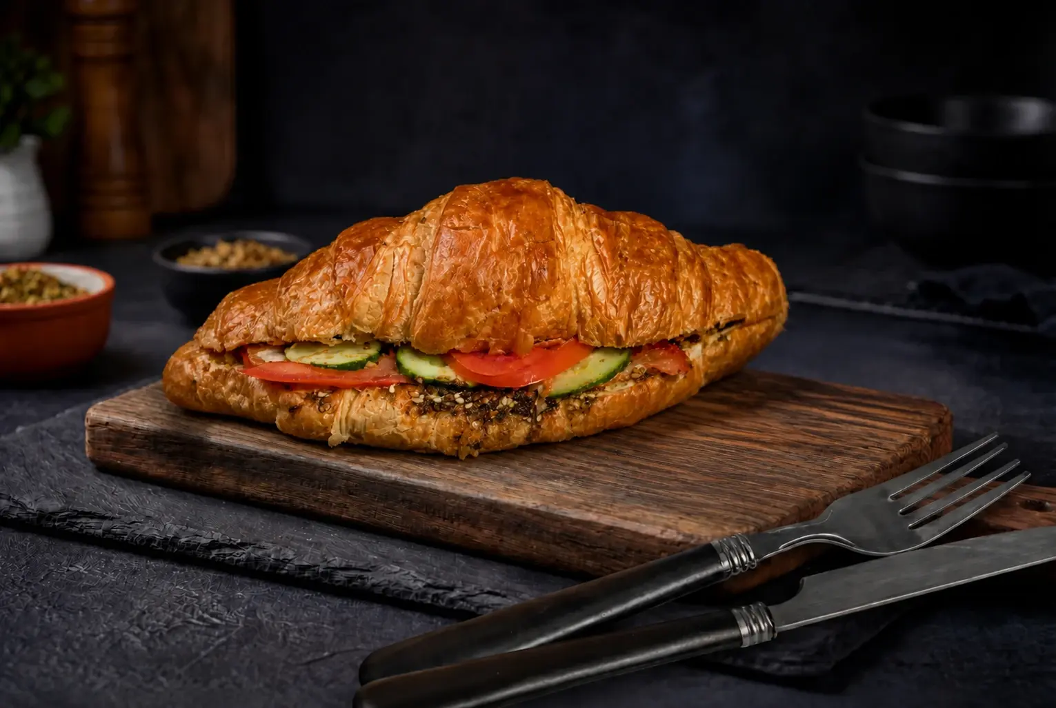 Za'atar croissant filled with cheese, tomato and cucumber, sliced open